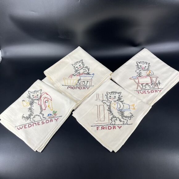 Vtg Set of 5 Hand Embroidered Cats Days Of The Week Extra Large Tea Hand Towels - Picture 1 of 16